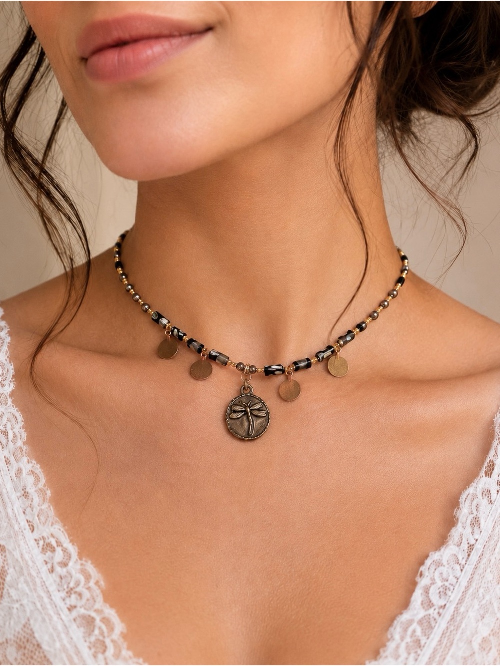 Bronze -Tone Dragonfly Pendant Beaded Choker Necklace -Women's boho Jewelry
